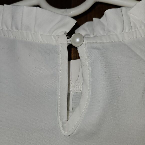 NEW LYANER White Frill Mock-Neck Blouse Size S – Pleated Long-Sleeve Feminine To - Picture 5 of 8